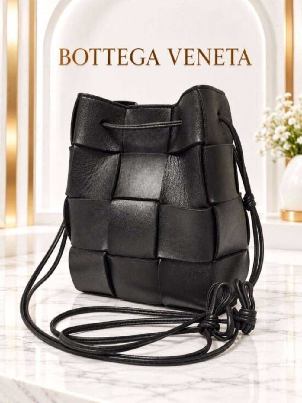 Authentic Bottega Veneta Cassette Black Intrecciato Leather Bucket Crossbody Bag